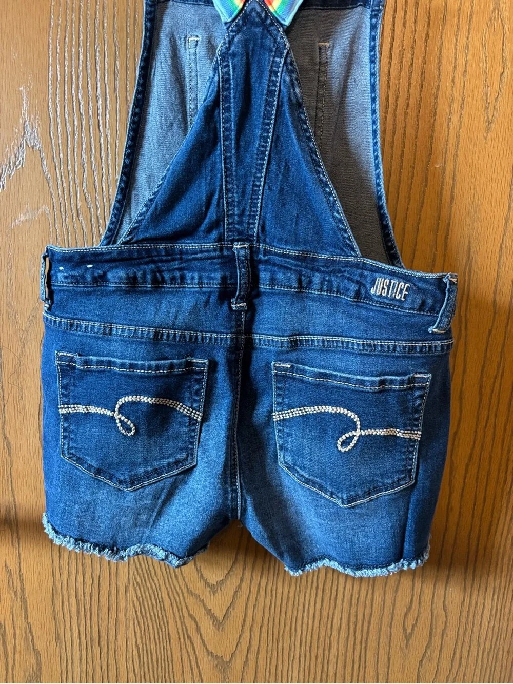 Justice Denim Short Overalls with Rainbow Straps - Blue Jean Shortalls 14